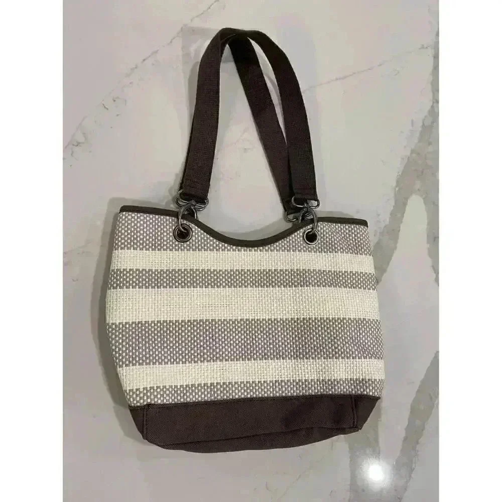 Thirty One Spring Summer Purse Paper Weave Shoulder Bag Brown Ivory Stripe 31 - Picture 5 of 9